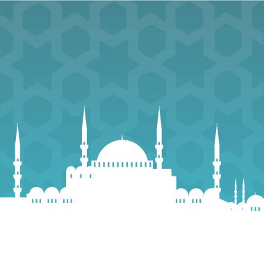Mavi arka planda beyaz cami silueti.