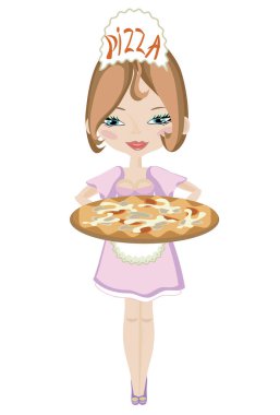 Pizza şefi kadın resmedilmiş