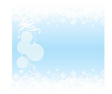 kar taneleri ve Noel topları ile mavi arka plan
