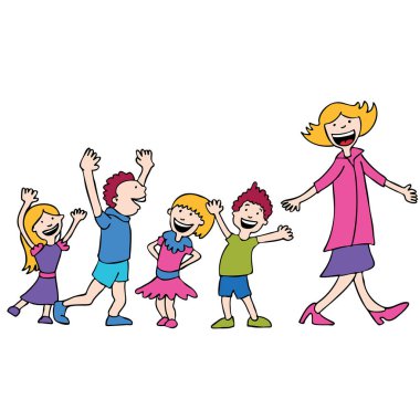 Annesi olan bir grup çocuk, vektör çizimi basit tasarım.