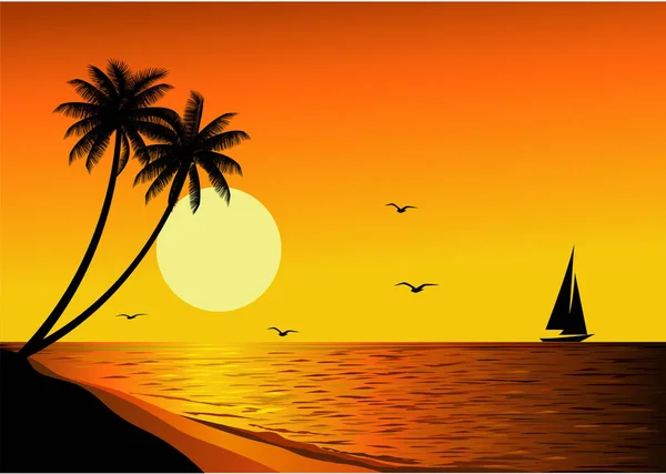 Векторная Иллюстрация Моря Закатом Острове Пальмы — стоковый вектор