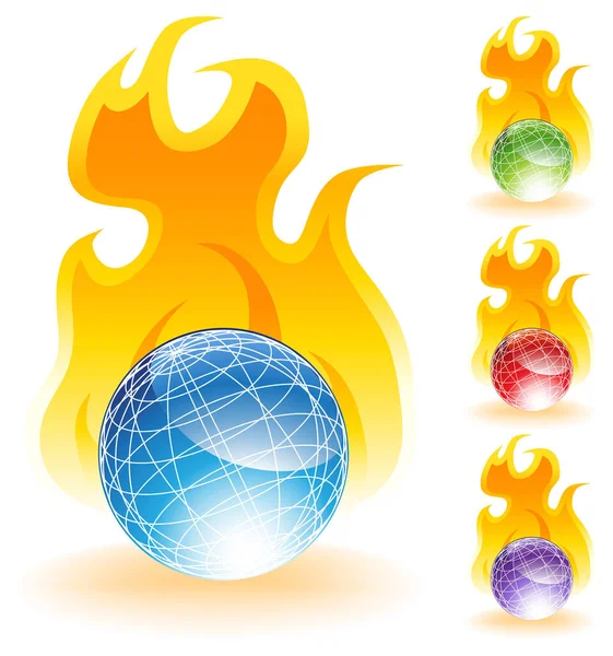 Векторна Ілюстрація Набору Іконок Глобуса Вогнем — стоковий вектор