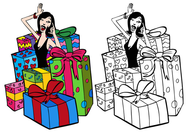 девушка с подарками, векторная иллюстрация