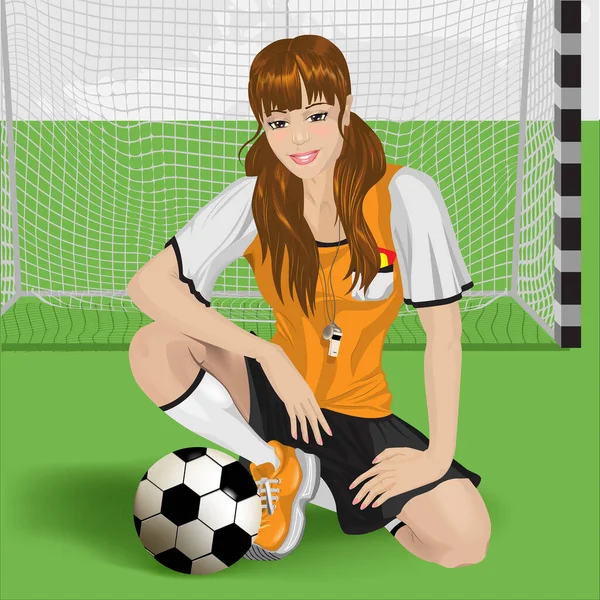 フットボールスタジアムの床にサッカーボールを持った少女 — ストックベクタ