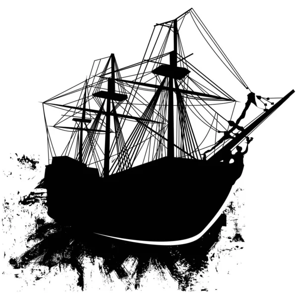 Gemi Silueti Siyah Beyaz Resimleme — Stok Vektör