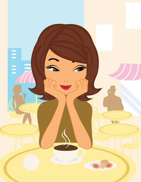 Молодая Счастливая Красивая Женщина Пьет Кофе Утреннем Кафе — стоковый вектор