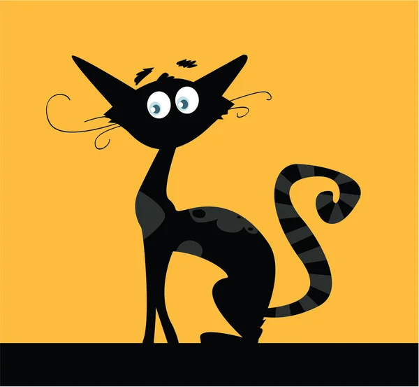 Gattino Carino Nero Sfondo Arancione Illustrazione Vettoriale — Vettoriale Stock
