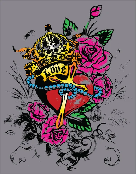 Διανυσματική Απεικόνιση Ενός Τατουάζ Καρδιά Και Τριαντάφυλλα — Διανυσματικό Αρχείο