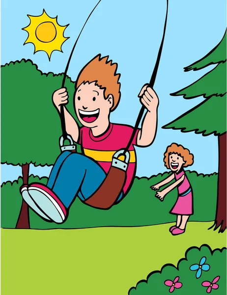 Boy Riding Swing Friend Vector Illustration — Stock Vector