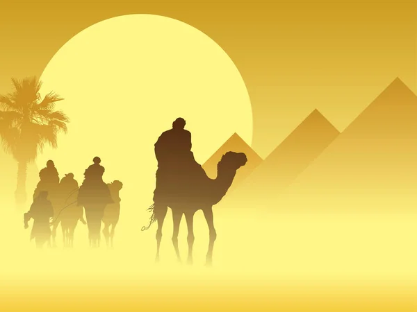日落时沙漠中的骆驼 — 图库矢量图片