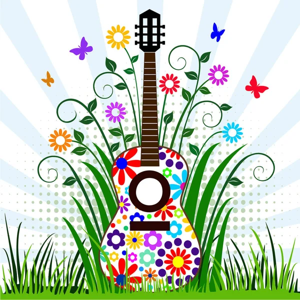 Guitarra Con Fondo Floral — Vector de stock