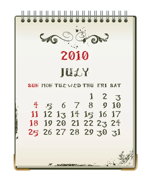 Červenec 2010 Kalendář Kalendář Měsícem — Stockový vektor