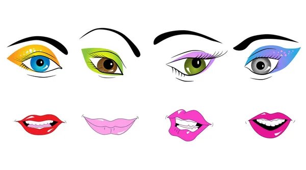 Coleção Lábios Olhos Femininos Design Vetorial Colorido — Vetor de Stock