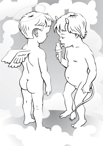 Jongen Engelen Jongen Duivel Vector Illustratie — Stockvector