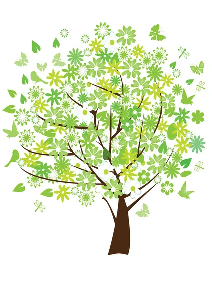 Baum Mit Grünen Blättern Und Blüten Isoliert Auf Weißem Hintergrund — Stockvektor