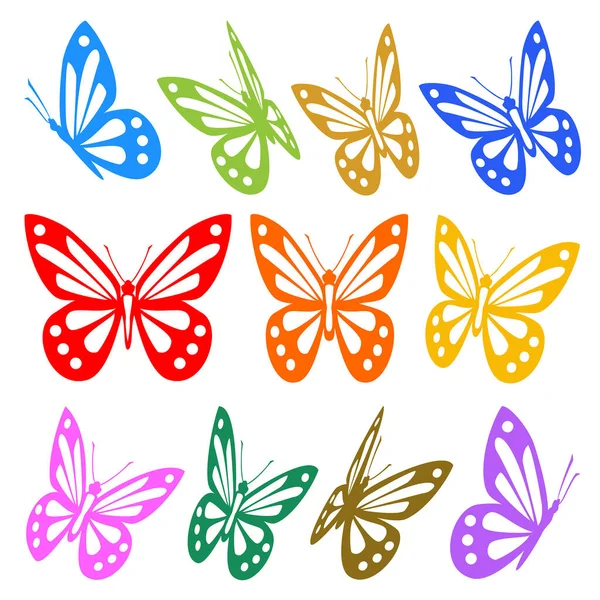 Bunte Reihe Von Schmetterlingen Isoliert Auf Weißem Hintergrund — Stockvektor