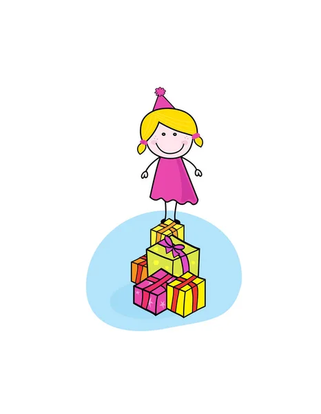Mignonne Petite Fille Dans Chapeau Anniversaire Boîtes Cadeaux — Image vectorielle