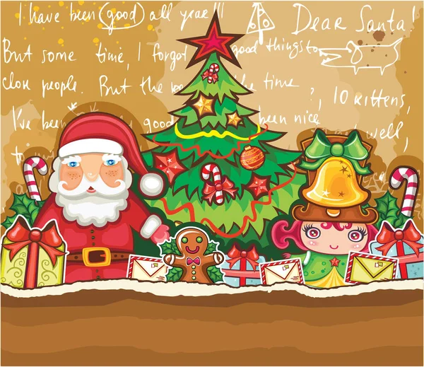 桑塔和精灵圣诞贺卡 矢量图解简单设计 — 图库矢量图片