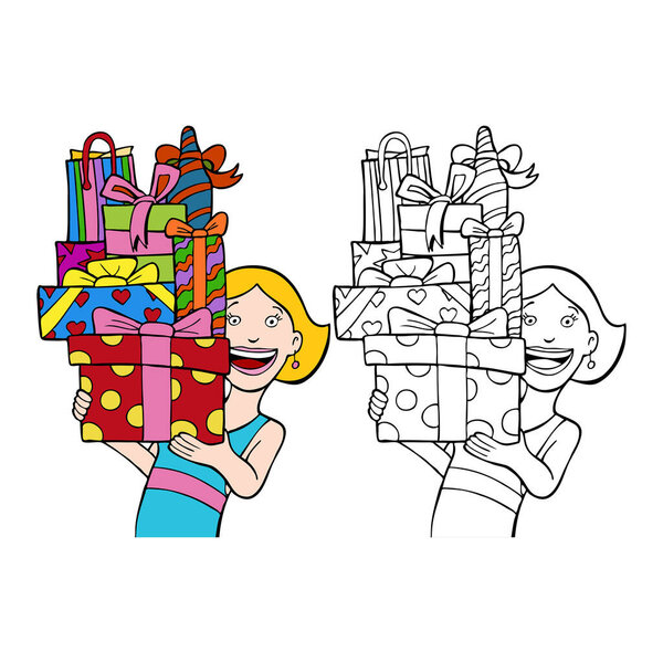 маленькая девочка с подарками в руках, векторная иллюстрация 