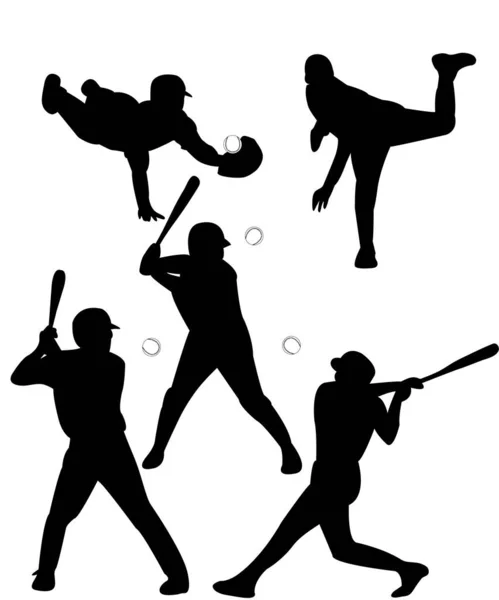Vector Silhouettes Baseball Players White Background — Stock Vector