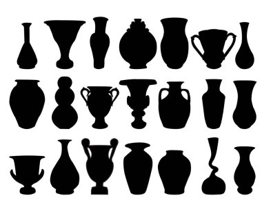 vektör, beyaz arkaplanda izole edilmiş siyah antik Yunan vazosu simgeleri belirledi
