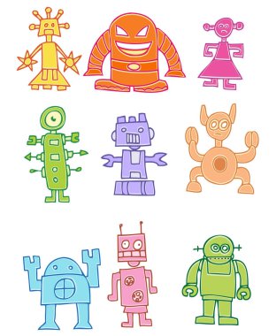 Çizgi film robotları. renkli vektör çizimleri.