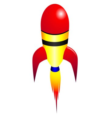 Beyaz arka planda sarı ve kırmızı çizgili kırmızı roket. vektör illüstrasyonu