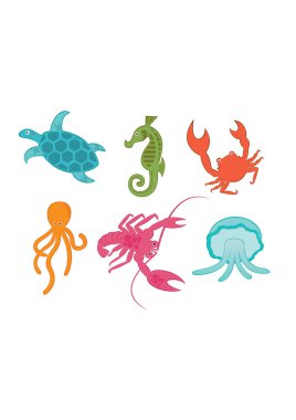 Beyaz arka planda izole edilmiş bir grup farklı deniz hayvanı.