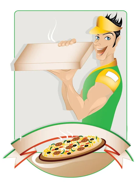 Wektor Ilustracja Dostawca Pizzy Człowiek Pizzą — Wektor stockowy