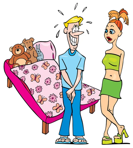 Illustration Eines Cartoon Paares Bett — Stockvektor