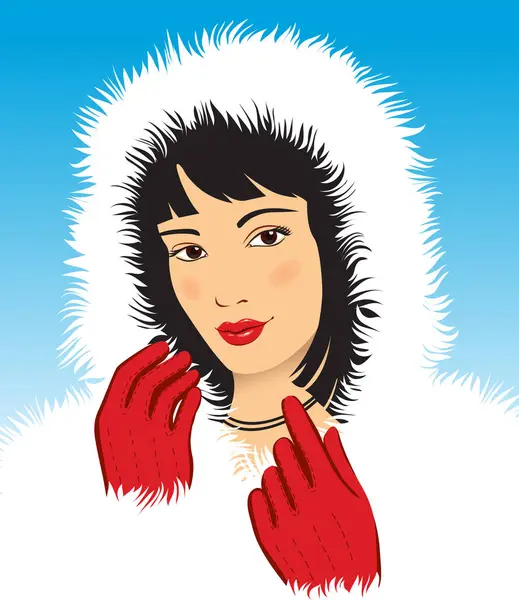 Vector Woman Fur Hat Fur Gloves Winter Fashion Illustration — Stock Vector