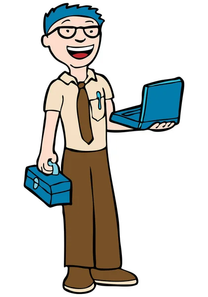 Καρτούν Ευτυχισμένος Άνθρωπος Ένα Φορητό Υπολογιστή — Διανυσματικό Αρχείο