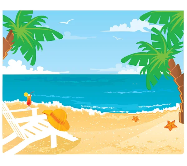 Verão Praia Cena Com Palmas Cadeira Vetor Ilustração — Vetor de Stock