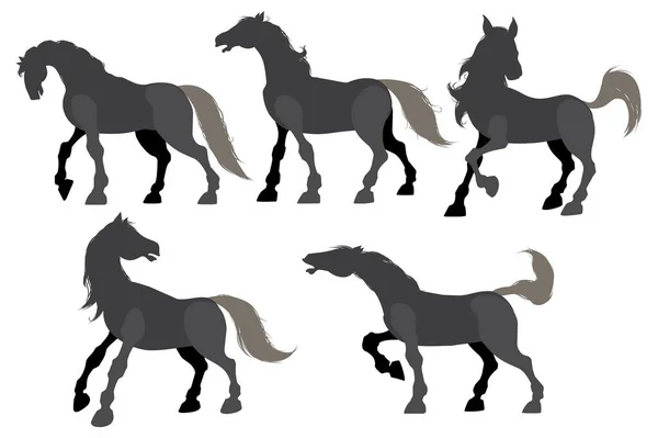 Schwarze Pferdesilhouetten Isoliert Auf Weißem Hintergrund Vektorillustration — Stockvektor