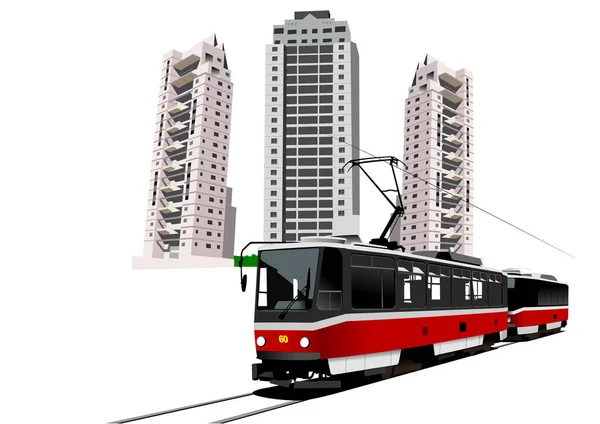 トラムと建物 3Dレンダリングを備えた現代都市 — ストックベクタ