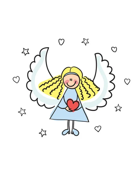 Pequeno Anjo Bonito Com Corações Ilustração Vetorial Desenhada Mão — Vetor de Stock