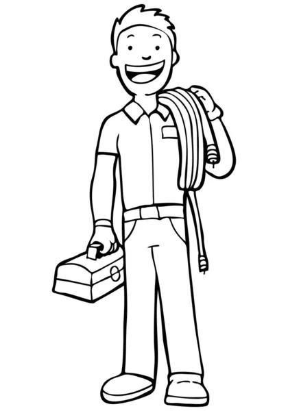 Zeichentrickfigur Mann Mit Werkzeugkiste Und Werkzeugkiste — Stockvektor