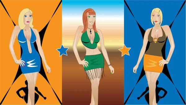 Tres Hermosas Chicas Bikini Ilustración Vectorial — Vector de stock