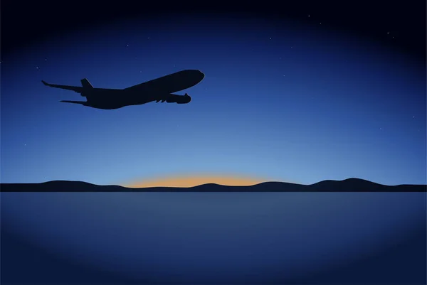Vektorillustration Eines Flugzeugs Das Bei Sonnenuntergang Über Dem Meer Fliegt — Stockvektor