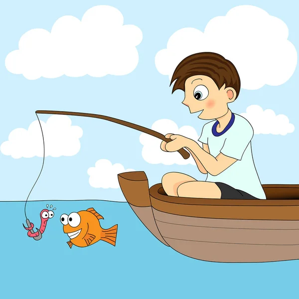 Cartoon Illustration Eines Jungen Mit Boot Und Rute — Stockvektor