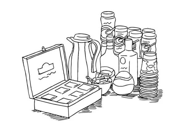Vector Hand Drawn Sketch Set Food Drinks Glass Box Bag — Stock Vector