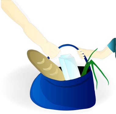 Elinde bir kova gıda ürünüyle gezen insanların resimleri.