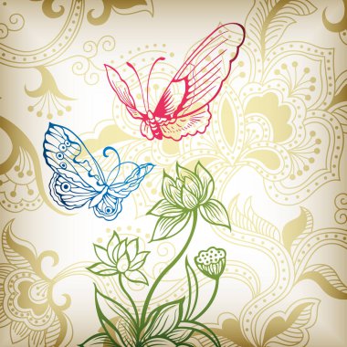 Kelebekli klasik çiçek arkaplanı, vektör illüstrasyonu