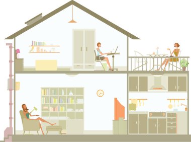 Dizüstü bilgisayarında çalışan genç bir kadın, dizüstü bilgisayarı olan, serbest çalışan, serbest çalışan, uzaktan çalışma konsepti olan biri. düz çizgi film vektör çizimi.