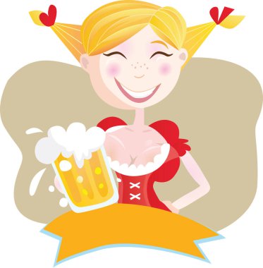 Geleneksel Bavyera elbisesi ve bira bardağı giymiş bir kadınla karikatür çizimi.