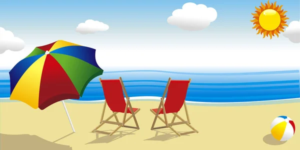 带椅子和伞的卡通海滩的矢量图解 — 图库矢量图片