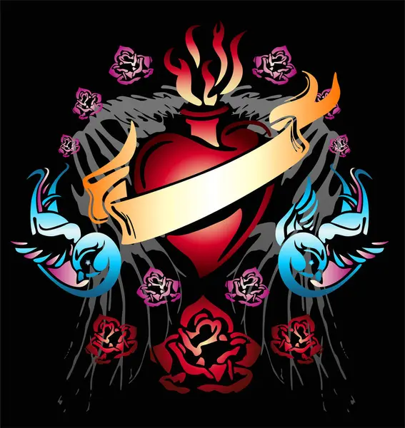 Tetované Srdce Křídly Růžemi — Stockový vektor