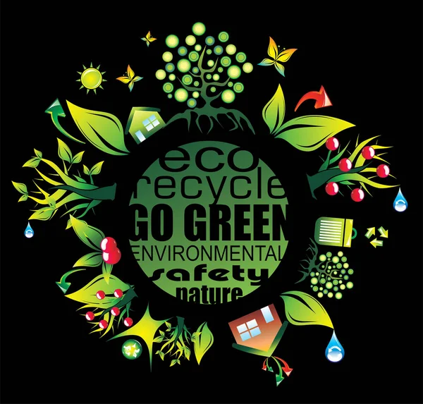 Eco Zielone Drzewo Czarno Białymi Ikonami — Wektor stockowy