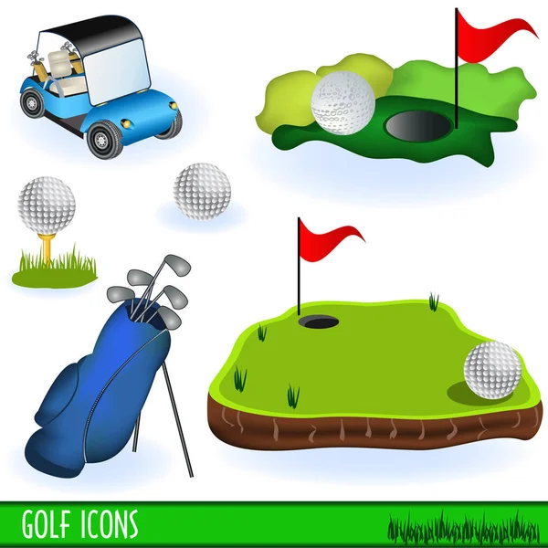 Set Icone Del Golf Con Attrezzatura Golf — Vettoriale Stock