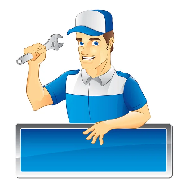 Απεικόνιση Μηχανικού Εργάτη Που Κρατά Ένα Κλειδί Μπροστά Από Λευκό — Διανυσματικό Αρχείο